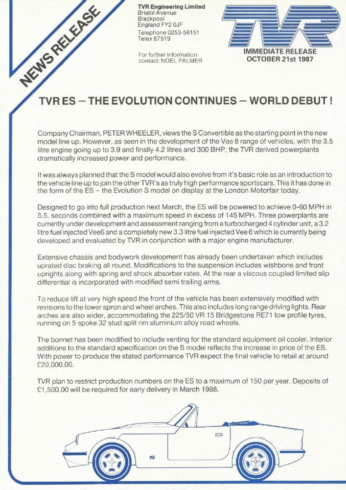 TVR Evolution S (ES) press release 1987
